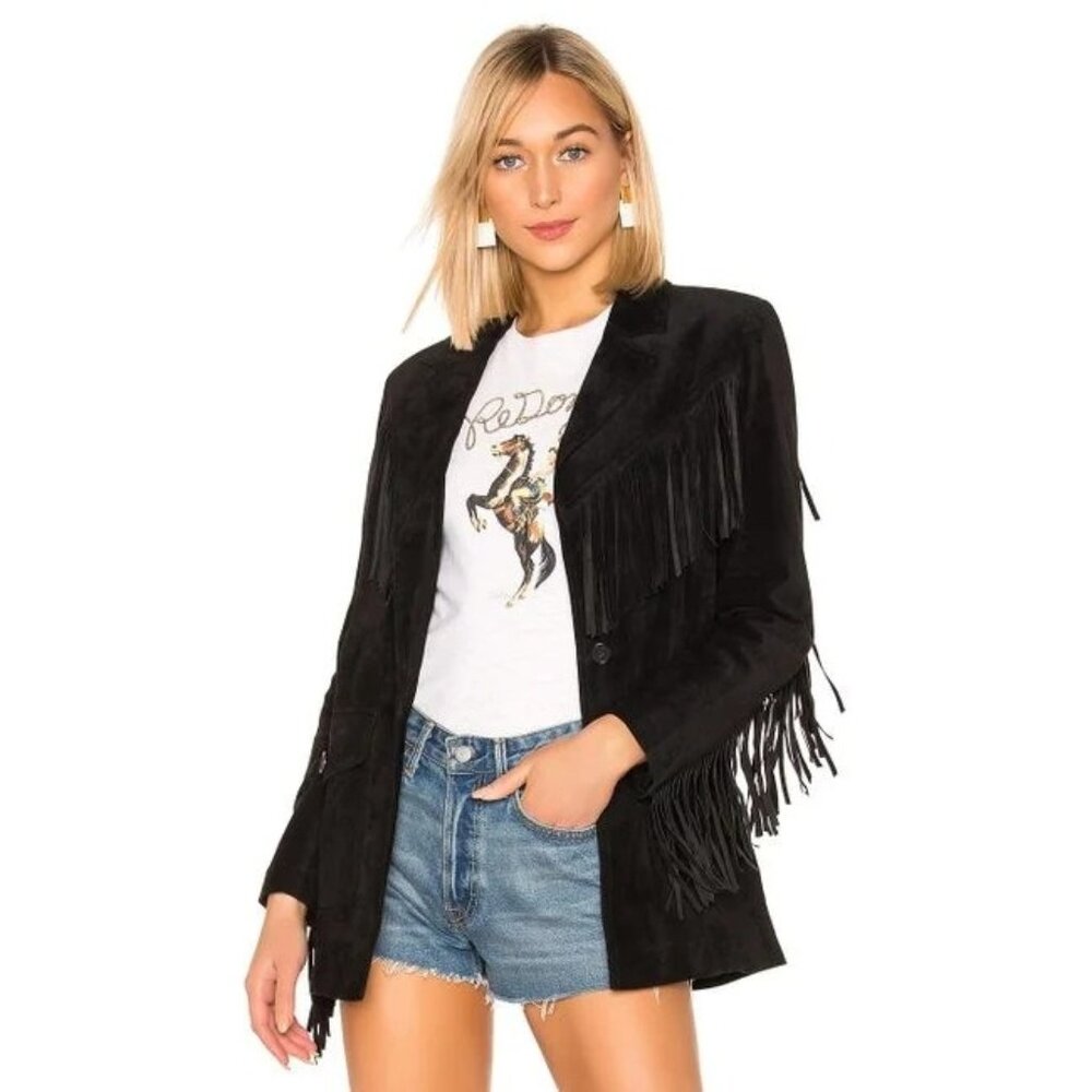 Re/Done Black Suede Fringe Leather Jacket